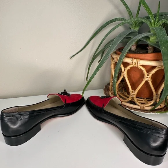 Vintage 80s/90s Talbots Made in Italy Loafers Black Leather Red Suede Tassel 6M - Picture 6 of 11